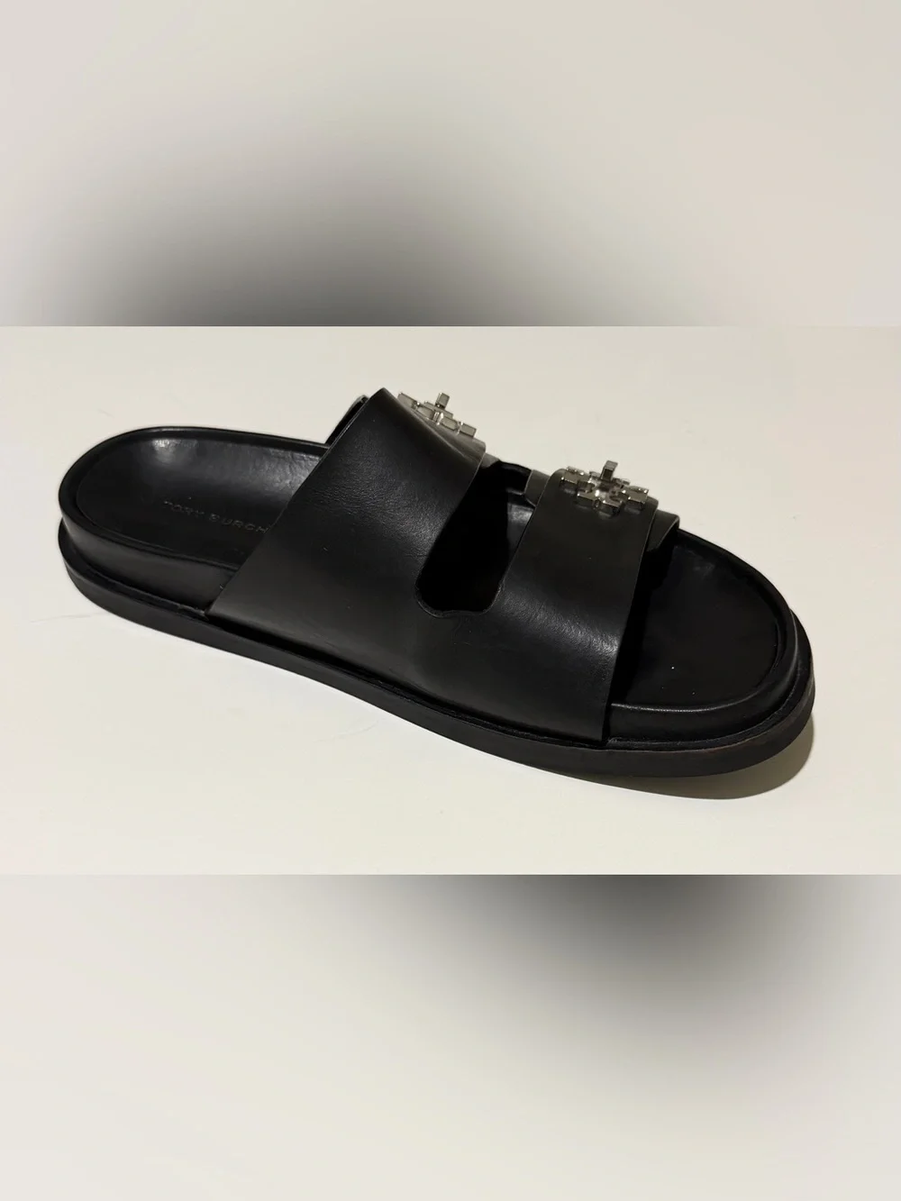 Tory Burch TURNLOCK SPORT SLIDE Black Leather Sz 9 Silver Logo Hardware